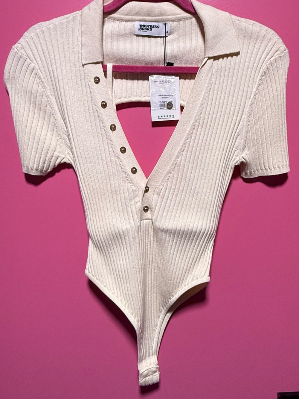 Mistress Rocks Cream Ribbed Polo button front Bodysuit